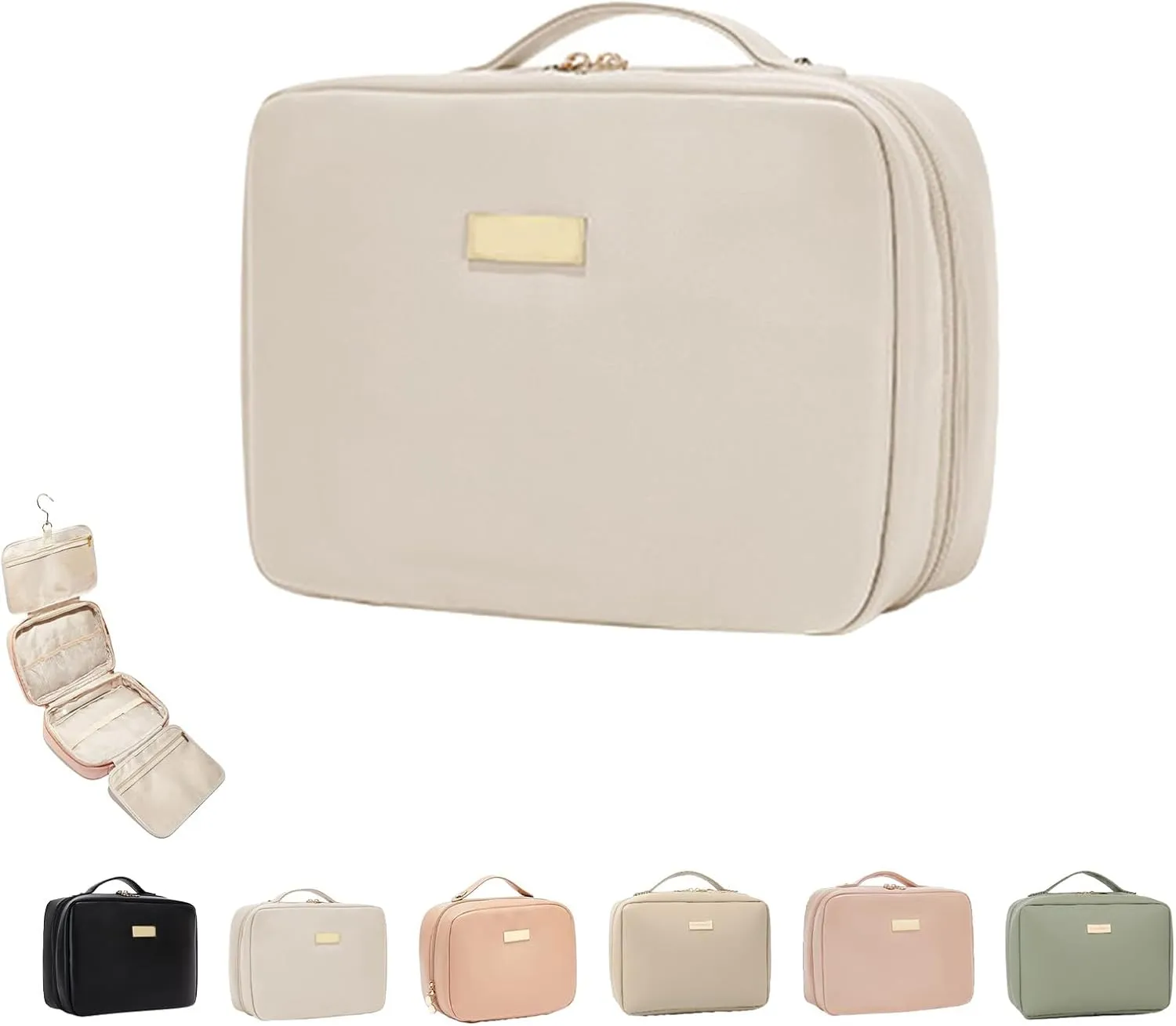 Multi Compartment Toiletry Cosmetic Bag, Large capacity, with handles, multiple compartments, waterproof Pu Leather (eggshell white)