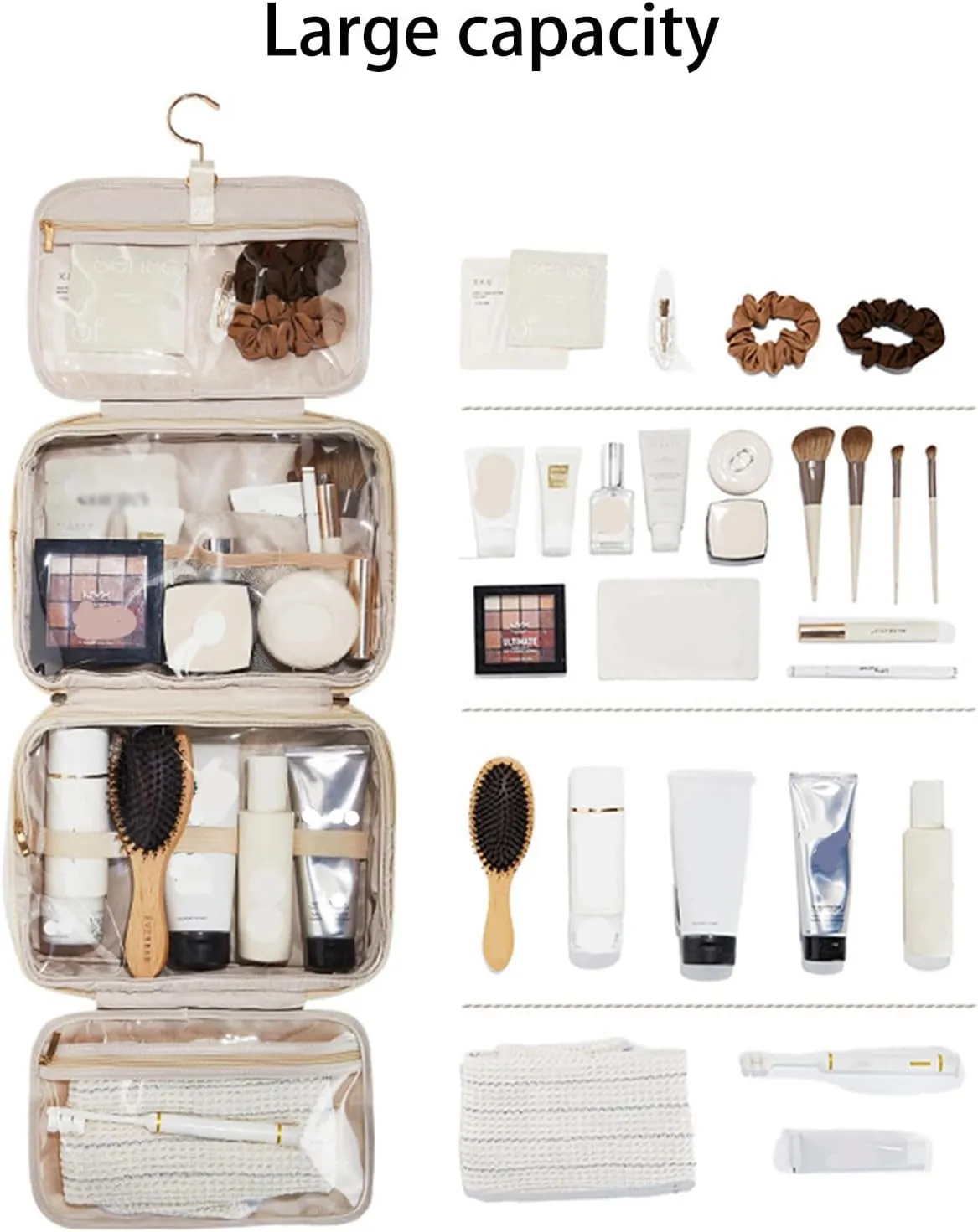 Multi Compartment Toiletry Cosmetic Bag, Large capacity, with handles, multiple compartments, waterproof Pu Leather (eggshell white)
