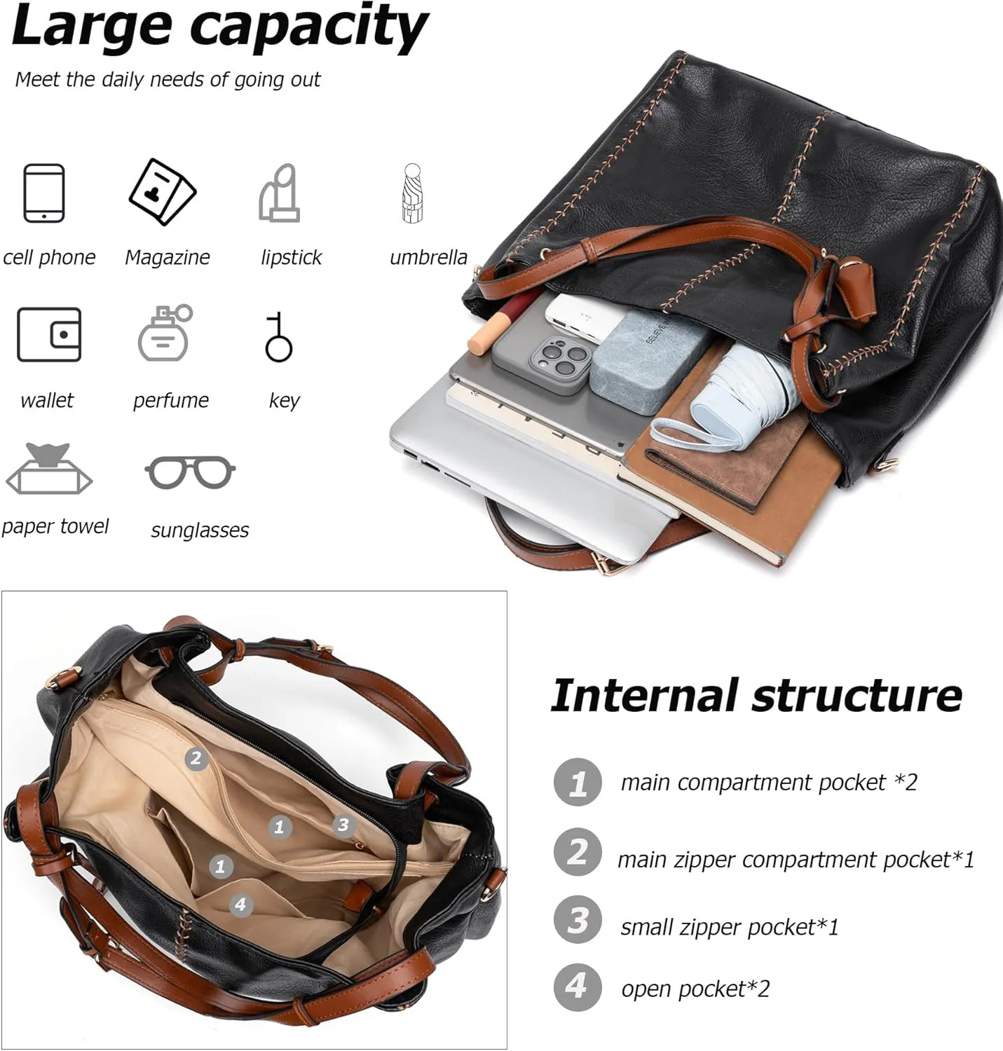 myfriday Casual Leather Tote Hobo Bag for Women, Soft Shoulder Bag Crossbody Satchel Purse and Handbag