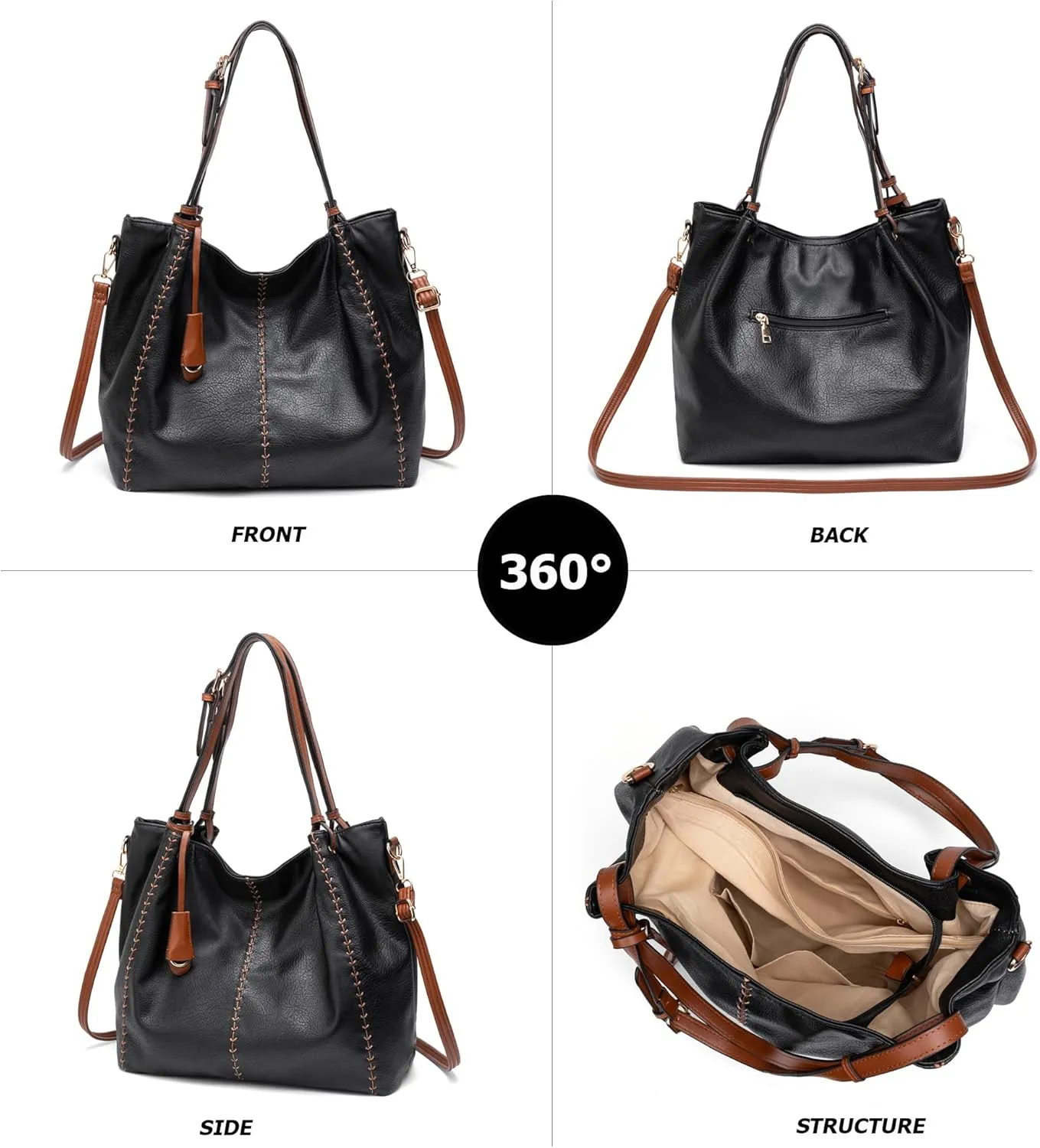 myfriday Casual Leather Tote Hobo Bag for Women, Soft Shoulder Bag Crossbody Satchel Purse and Handbag
