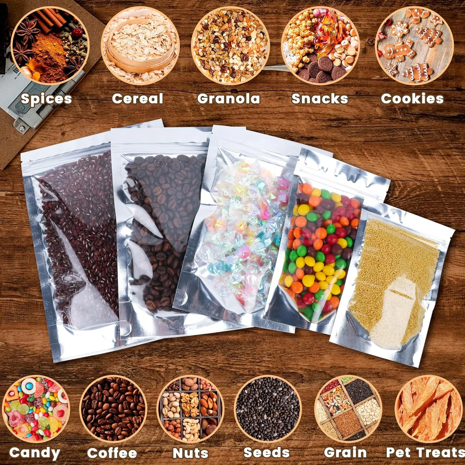 Mylar Bags for Food Storage 5.5x7.9, 100 PCS Clear Front Resealable Bags for Small Business for Food, Candy, Stand Up Foil Back Sealable Bags for Packaging