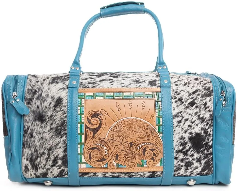 Myra Bag Western Leather Duffle Bag for Women - Upcycled Hairon Shoulder Travel Bag Blue, S-9526