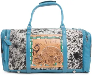 Myra Bag Western Leather Duffle Bag for Women - Upcycled Hairon Shoulder Travel Bag Blue, S-9526