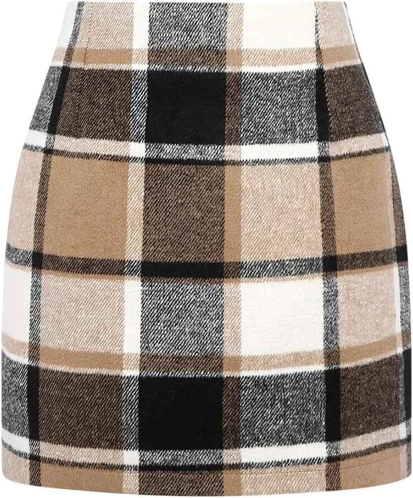 Mywinway Plaid Mini Skirt for Women Fall Winter High Waist A Line Bodycon Pencil Fall Skirts