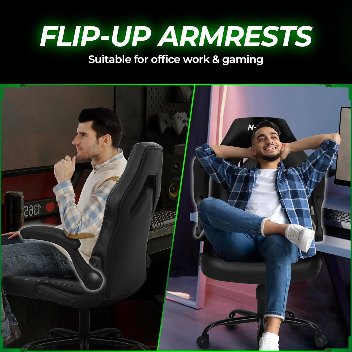 N-GEN GAMING Video Gaming Chair Ergonomic Office Desk Chair with Lumbar Support Adjustable Height Padded Flip Up Arms and Swivel Wheels Racing Style Design for Adults with PU Leather (Black)