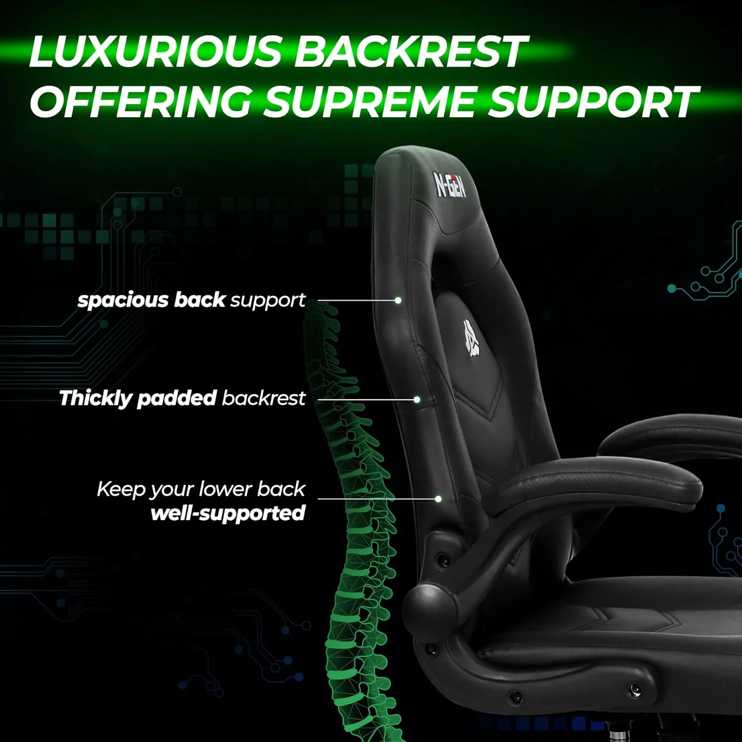 N-GEN GAMING Video Gaming Chair Ergonomic Office Desk Chair with Lumbar Support Adjustable Height Padded Flip Up Arms and Swivel Wheels Racing Style Design for Adults with PU Leather (Black)