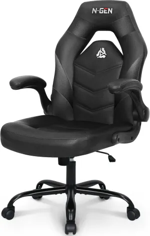 N-GEN GAMING Video Gaming Chair Ergonomic Office Desk Chair with Lumbar Support Adjustable Height Padded Flip Up Arms and Swivel Wheels Racing Style Design for Adults with PU Leather (Black)