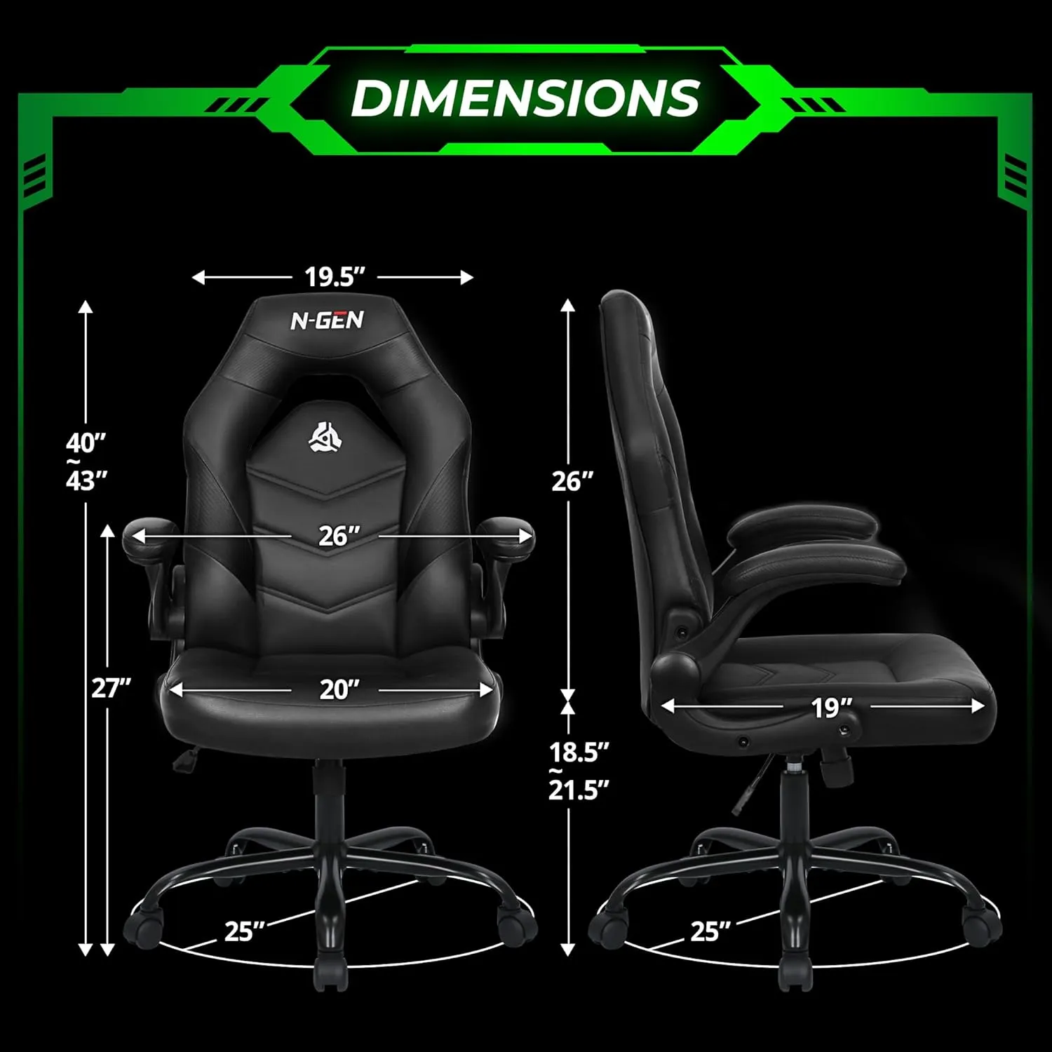 N-GEN GAMING Video Gaming Chair Ergonomic Office Desk Chair with Lumbar Support Adjustable Height Padded Flip Up Arms and Swivel Wheels Racing Style Design for Adults with PU Leather (Black)