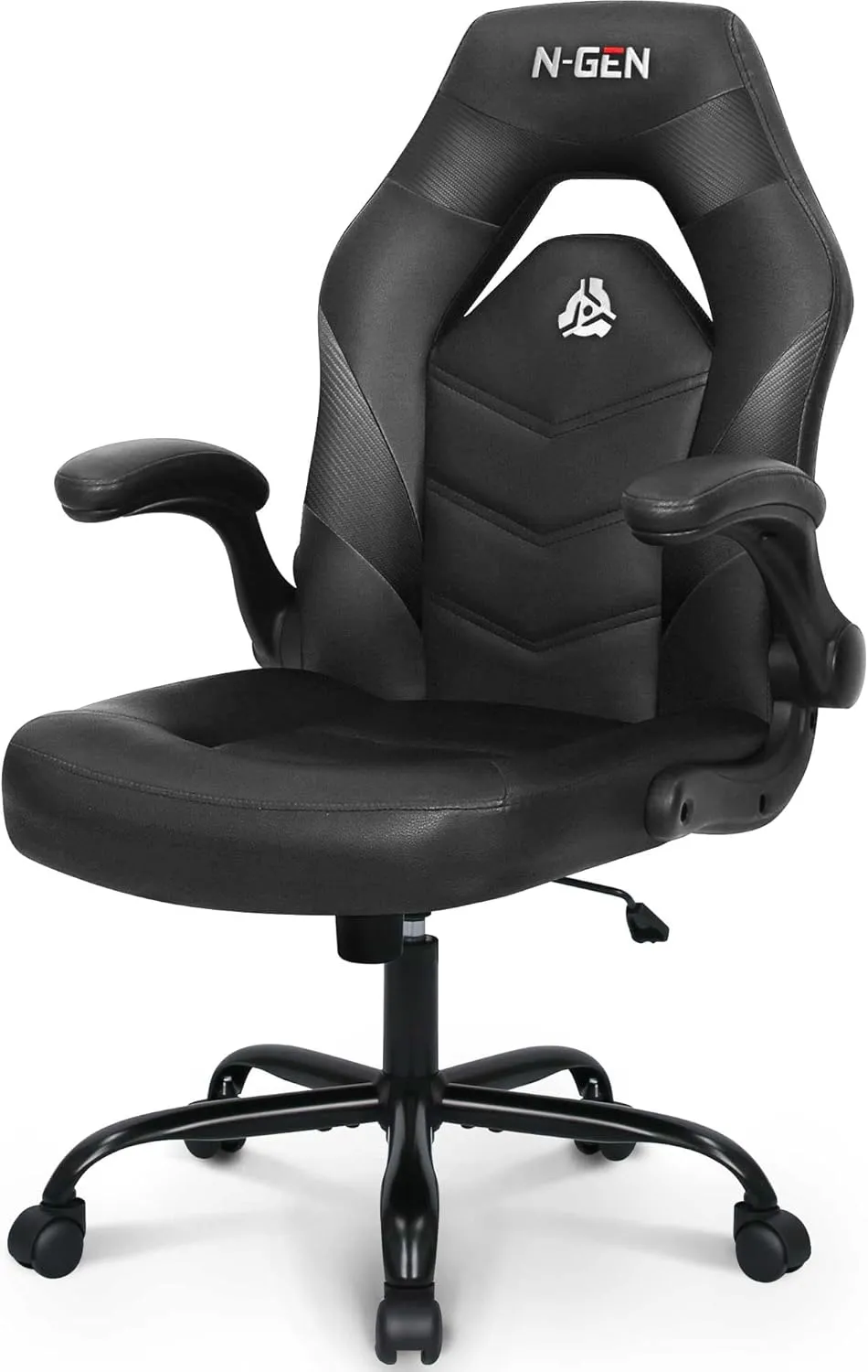 N-GEN GAMING Video Gaming Chair Ergonomic Office Desk Chair with Lumbar Support Adjustable Height Padded Flip Up Arms and Swivel Wheels Racing Style Design for Adults with PU Leather (Black)