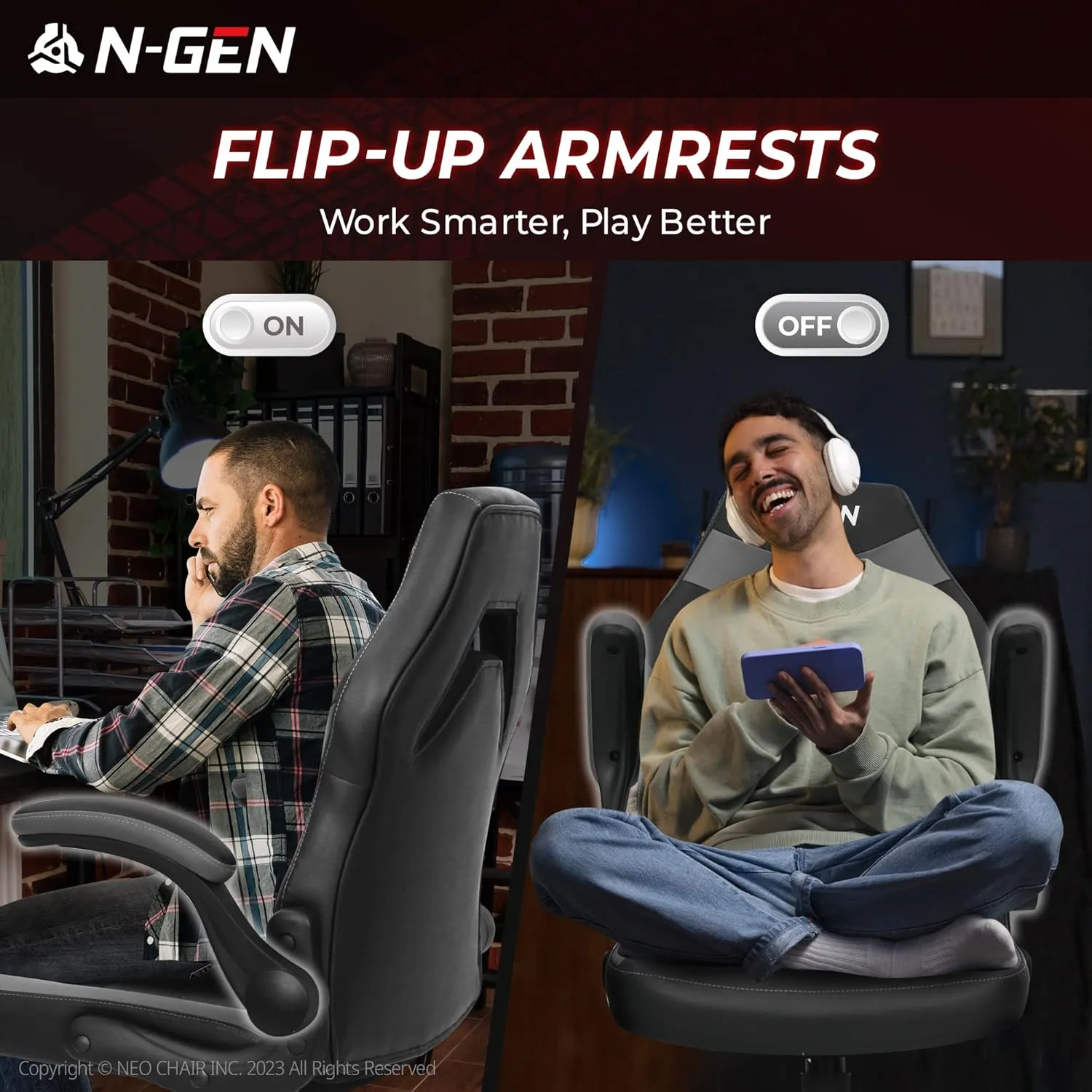 N-GEN Video Gaming Chair Ergonomic Computer Desk Office Chair with Lumbar Support Adjustable Height Swivel Wheels Flip-Up Arms PU Leather Home and Office (Grey)