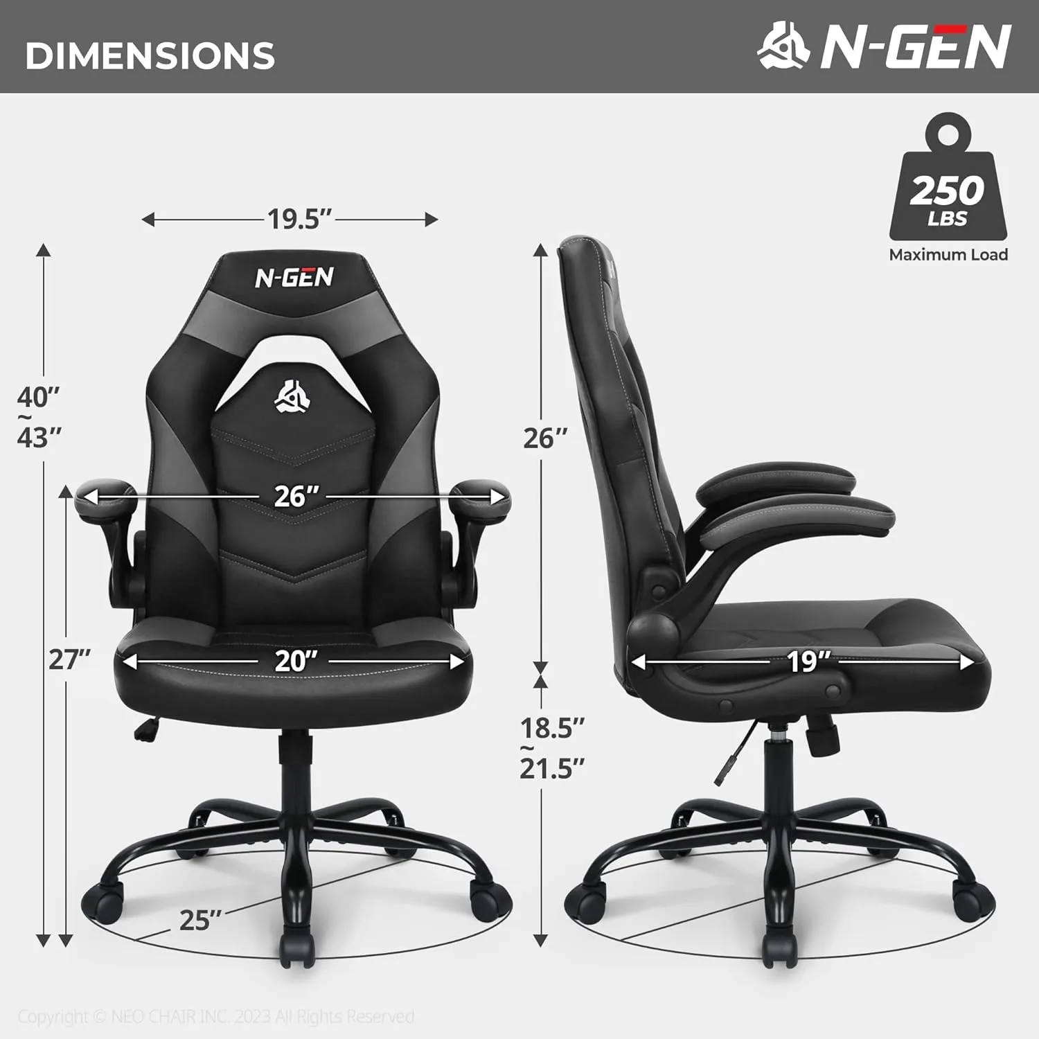 N-GEN Video Gaming Chair Ergonomic Computer Desk Office Chair with Lumbar Support Adjustable Height Swivel Wheels Flip-Up Arms PU Leather Home and Office (Grey)