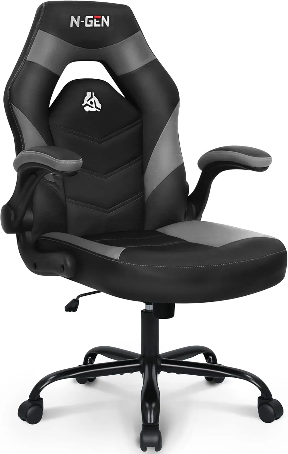 N-GEN Video Gaming Chair Ergonomic Computer Desk Office Chair with Lumbar Support Adjustable Height Swivel Wheels Flip-Up Arms PU Leather Home and Office (Grey)