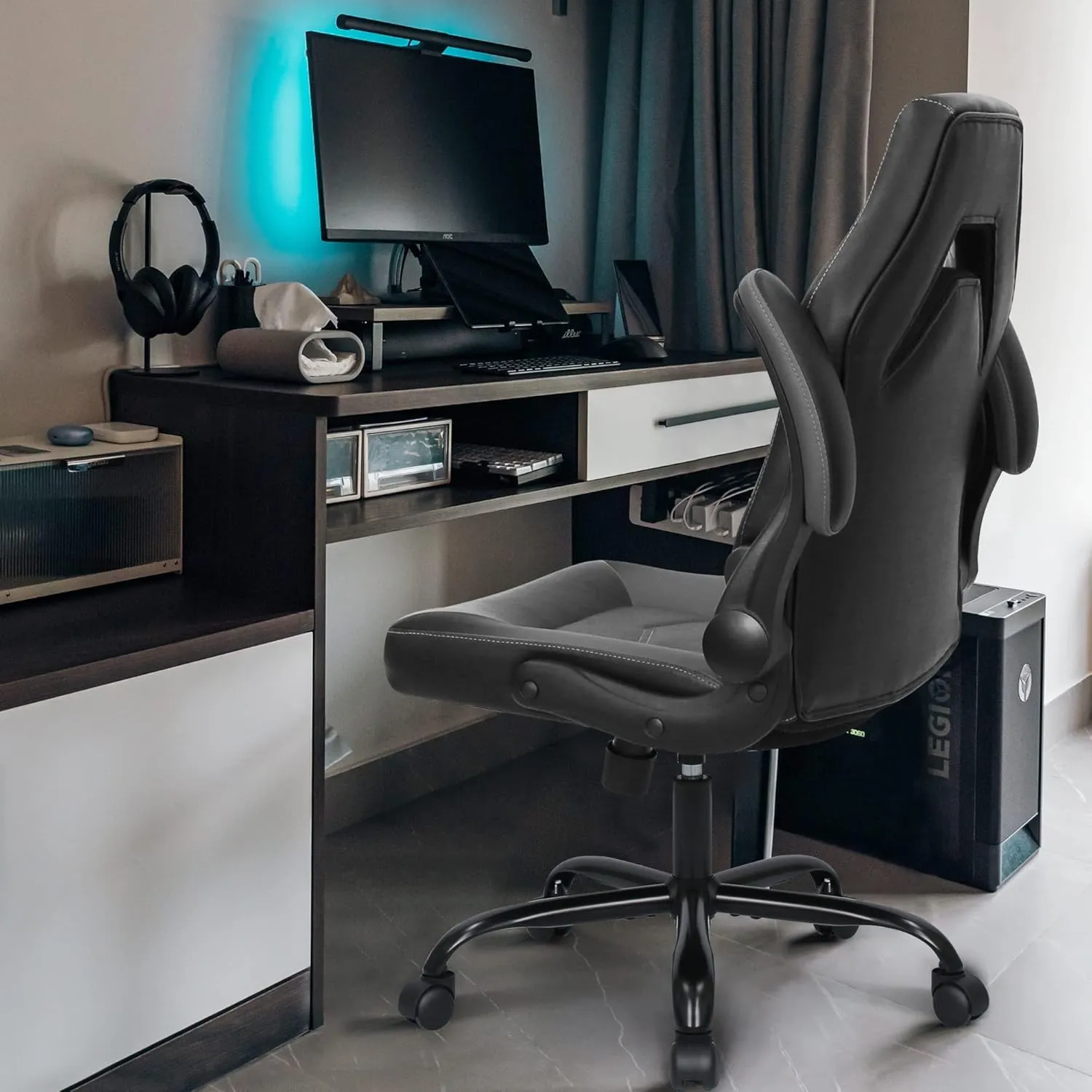 N-GEN Video Gaming Chair Ergonomic Computer Desk Office Chair with Lumbar Support Adjustable Height Swivel Wheels Flip-Up Arms PU Leather Home and Office (Grey)