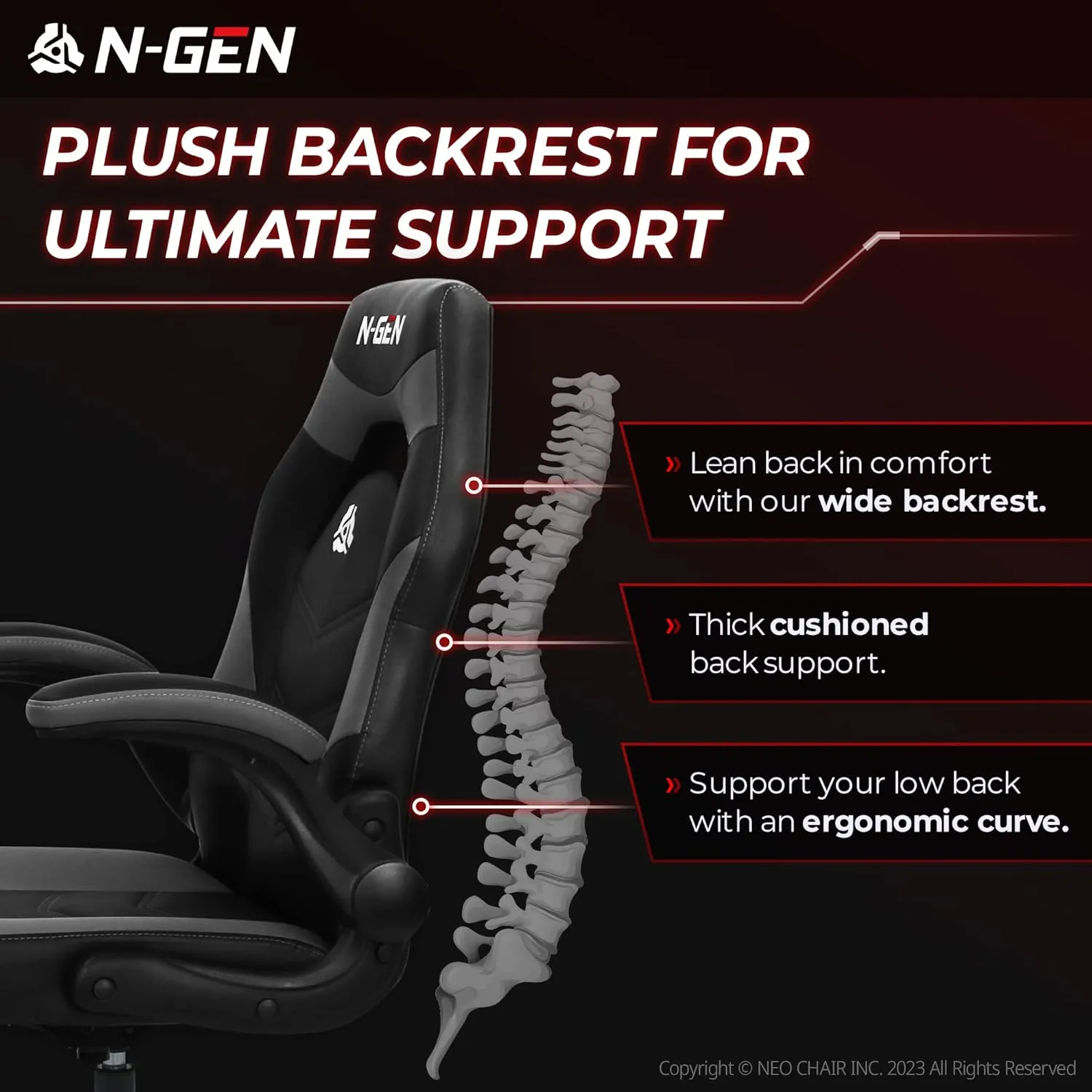 N-GEN Video Gaming Chair Ergonomic Computer Desk Office Chair with Lumbar Support Adjustable Height Swivel Wheels Flip-Up Arms PU Leather Home and Office (Grey)