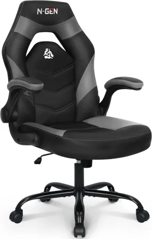 N-GEN Video Gaming Chair Ergonomic Computer Desk Office Chair with Lumbar Support Adjustable Height Swivel Wheels Flip-Up Arms PU Leather Home and Office (Grey)