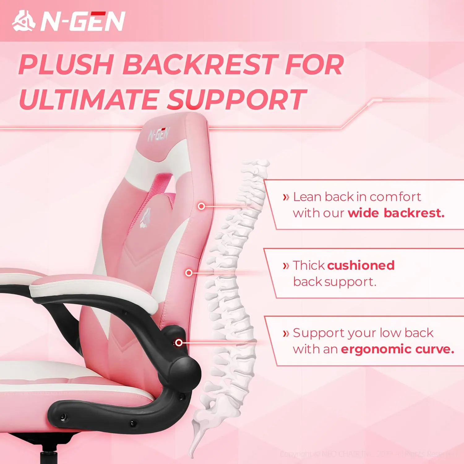 N-GEN Video Gaming Chair Ergonomic Computer Desk Office Chair with Lumbar Support Adjustable Height Swivel Wheels Flip-Up Arms PU Leather Home and Office (Pink)