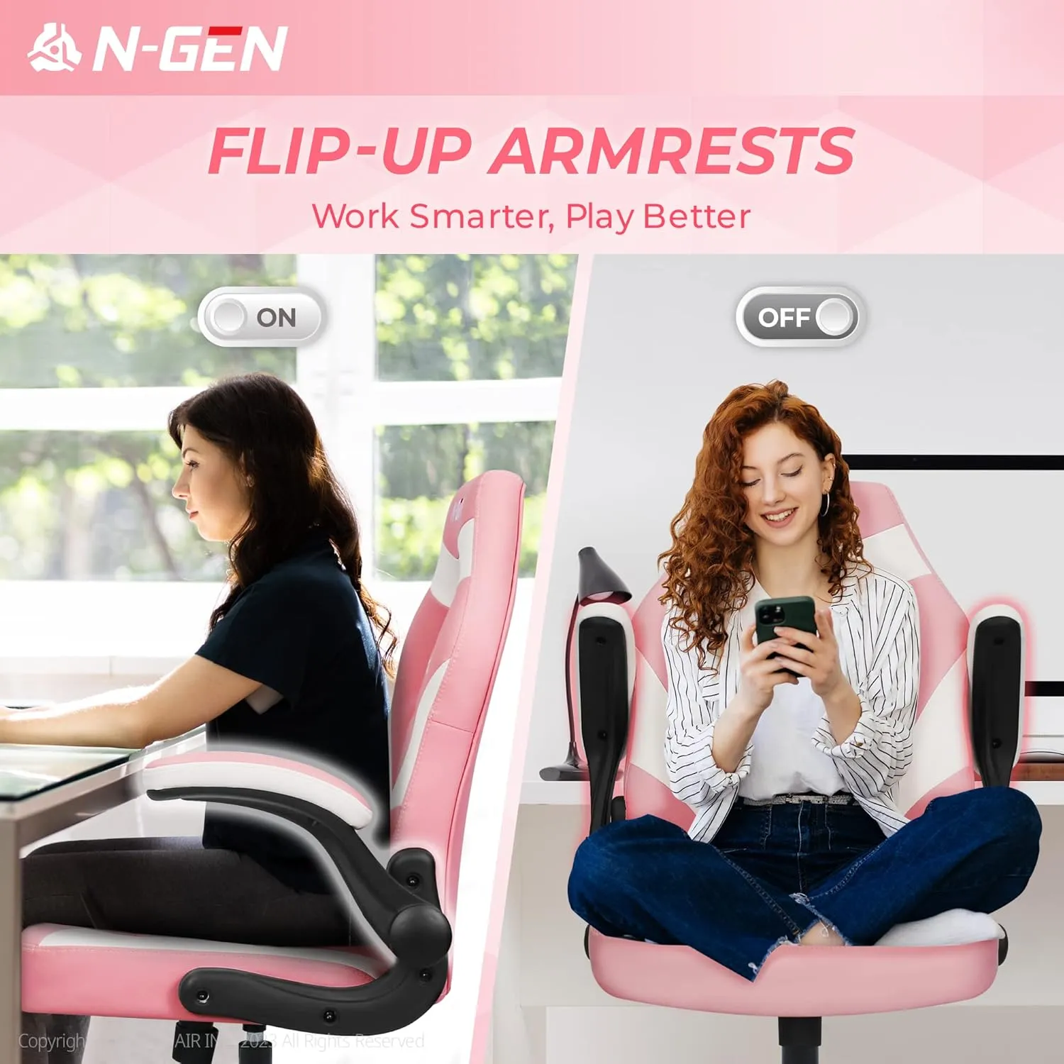N-GEN Video Gaming Chair Ergonomic Computer Desk Office Chair with Lumbar Support Adjustable Height Swivel Wheels Flip-Up Arms PU Leather Home and Office (Pink)