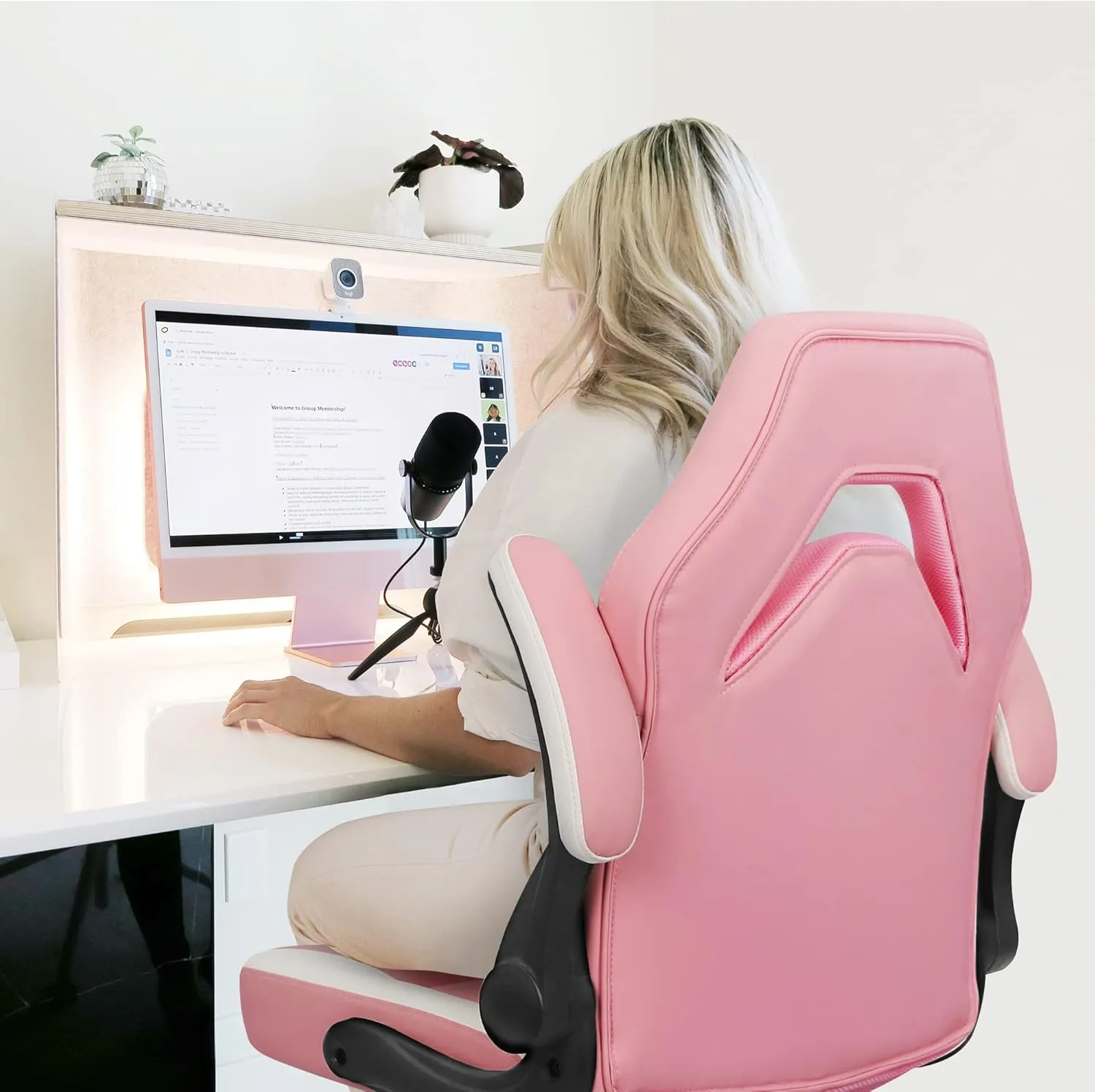 N-GEN Video Gaming Chair Ergonomic Computer Desk Office Chair with Lumbar Support Adjustable Height Swivel Wheels Flip-Up Arms PU Leather Home and Office (Pink)