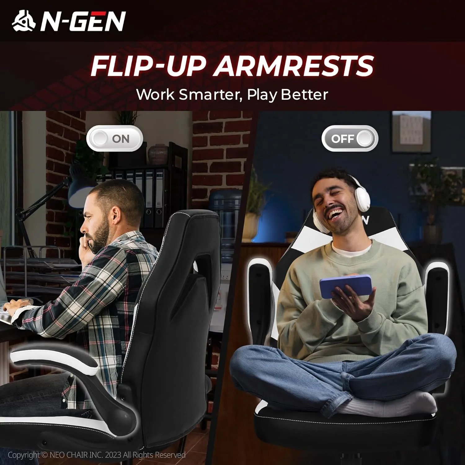 N-GEN Video Gaming Chair Ergonomic Computer Desk Office Chair with Lumbar Support Adjustable Height Swivel Wheels Flip-Up Arms PU Leather Home and Office (White)