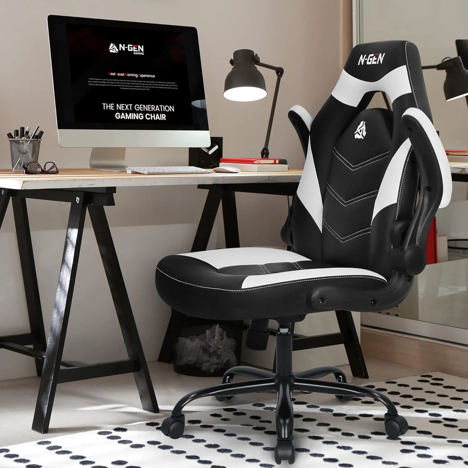 N-GEN Video Gaming Chair Ergonomic Computer Desk Office Chair with Lumbar Support Adjustable Height Swivel Wheels Flip-Up Arms PU Leather Home and Office (White)