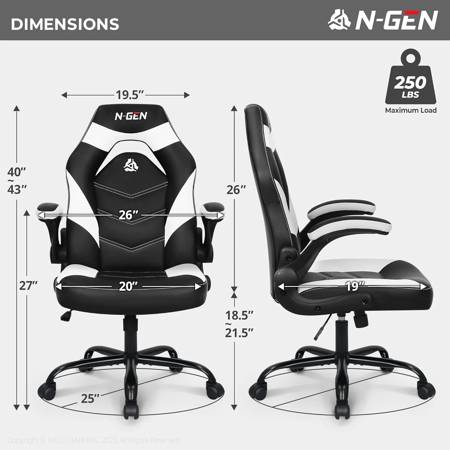 N-GEN Video Gaming Chair Ergonomic Computer Desk Office Chair with Lumbar Support Adjustable Height Swivel Wheels Flip-Up Arms PU Leather Home and Office (White)