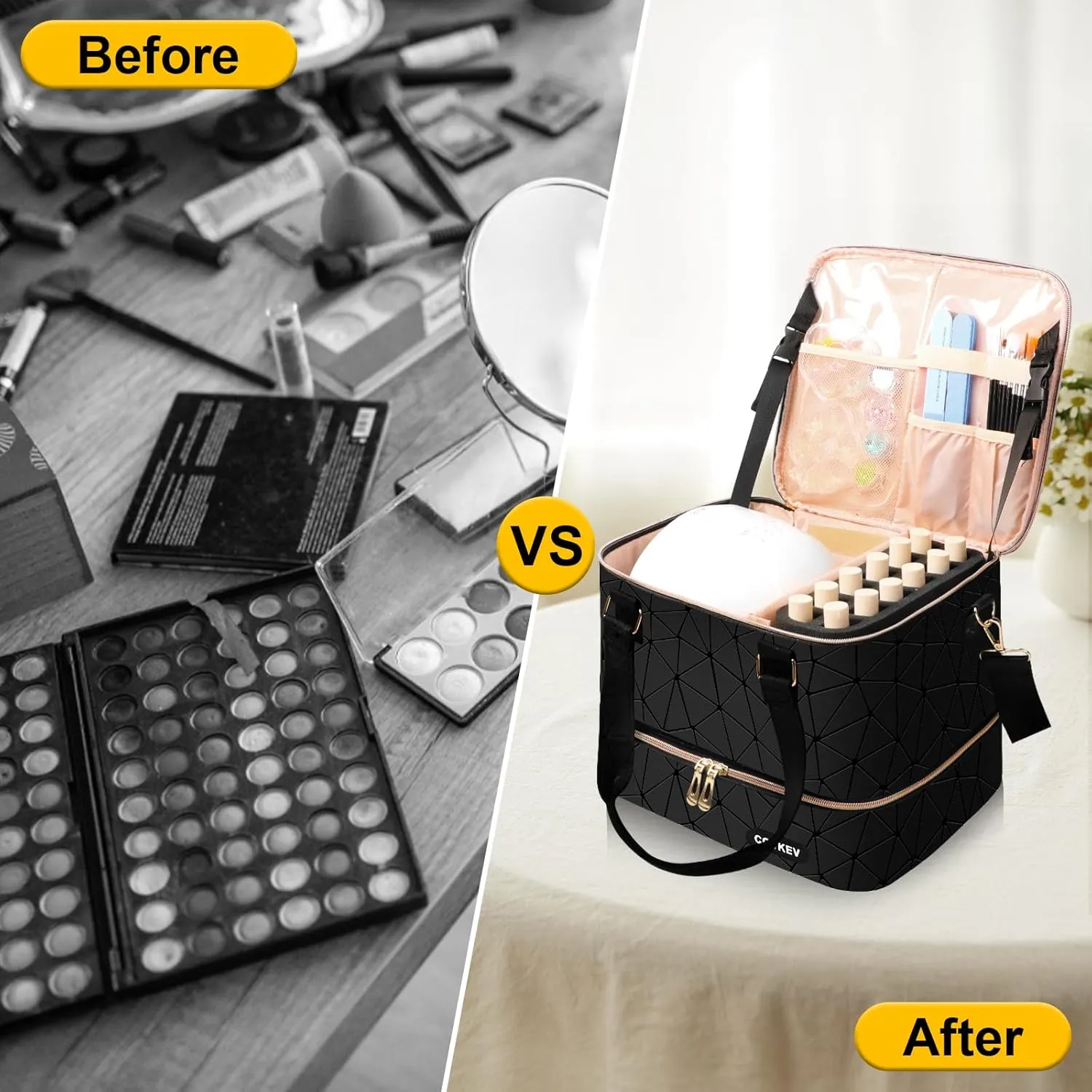 Nail Polish Organizer Hold 54 Bottles (15ml/0.5 fl.oz), PU Leather Nail Lamp Kit Supplies Organizer Bag Travel, Double Layer Nail Organizers and Storage Case with Holder& Shoulder Strap (Black)