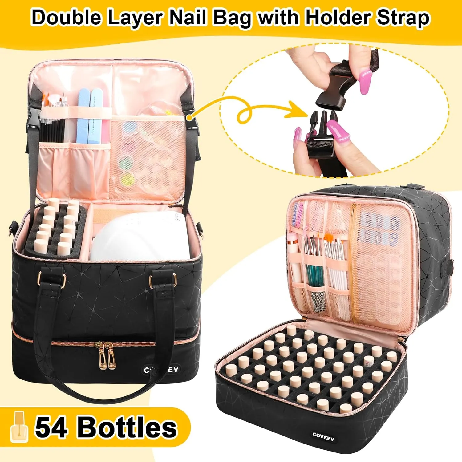Nail Polish Organizer Hold 54 Bottles (15ml/0.5 fl.oz), PU Leather Nail Lamp Kit Supplies Organizer Bag Travel, Double Layer Nail Organizers and Storage Case with Holder& Shoulder Strap (Black)
