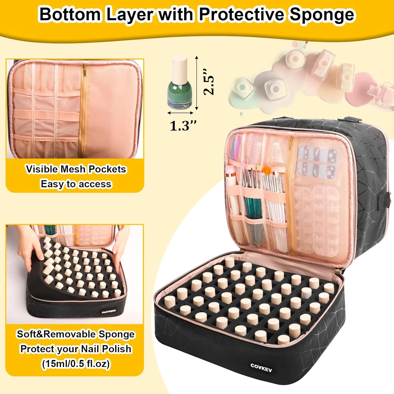 Nail Polish Organizer Hold 54 Bottles (15ml/0.5 fl.oz), PU Leather Nail Lamp Kit Supplies Organizer Bag Travel, Double Layer Nail Organizers and Storage Case with Holder& Shoulder Strap (Black)