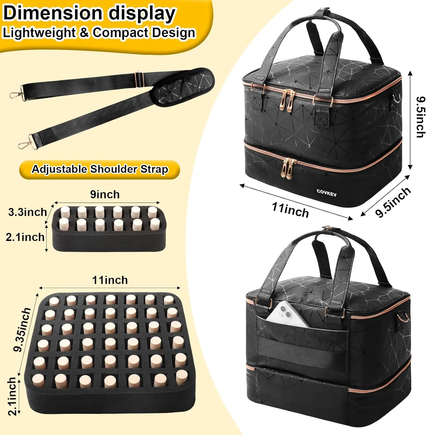 Nail Polish Organizer Hold 54 Bottles (15ml/0.5 fl.oz), PU Leather Nail Lamp Kit Supplies Organizer Bag Travel, Double Layer Nail Organizers and Storage Case with Holder& Shoulder Strap (Black)