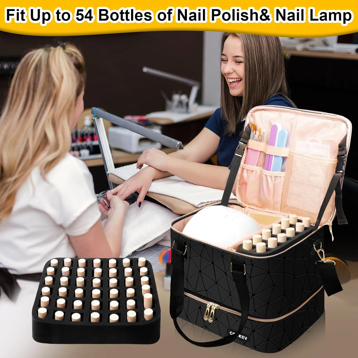 Nail Polish Organizer Hold 54 Bottles (15ml/0.5 fl.oz), PU Leather Nail Lamp Kit Supplies Organizer Bag Travel, Double Layer Nail Organizers and Storage Case with Holder& Shoulder Strap (Black)