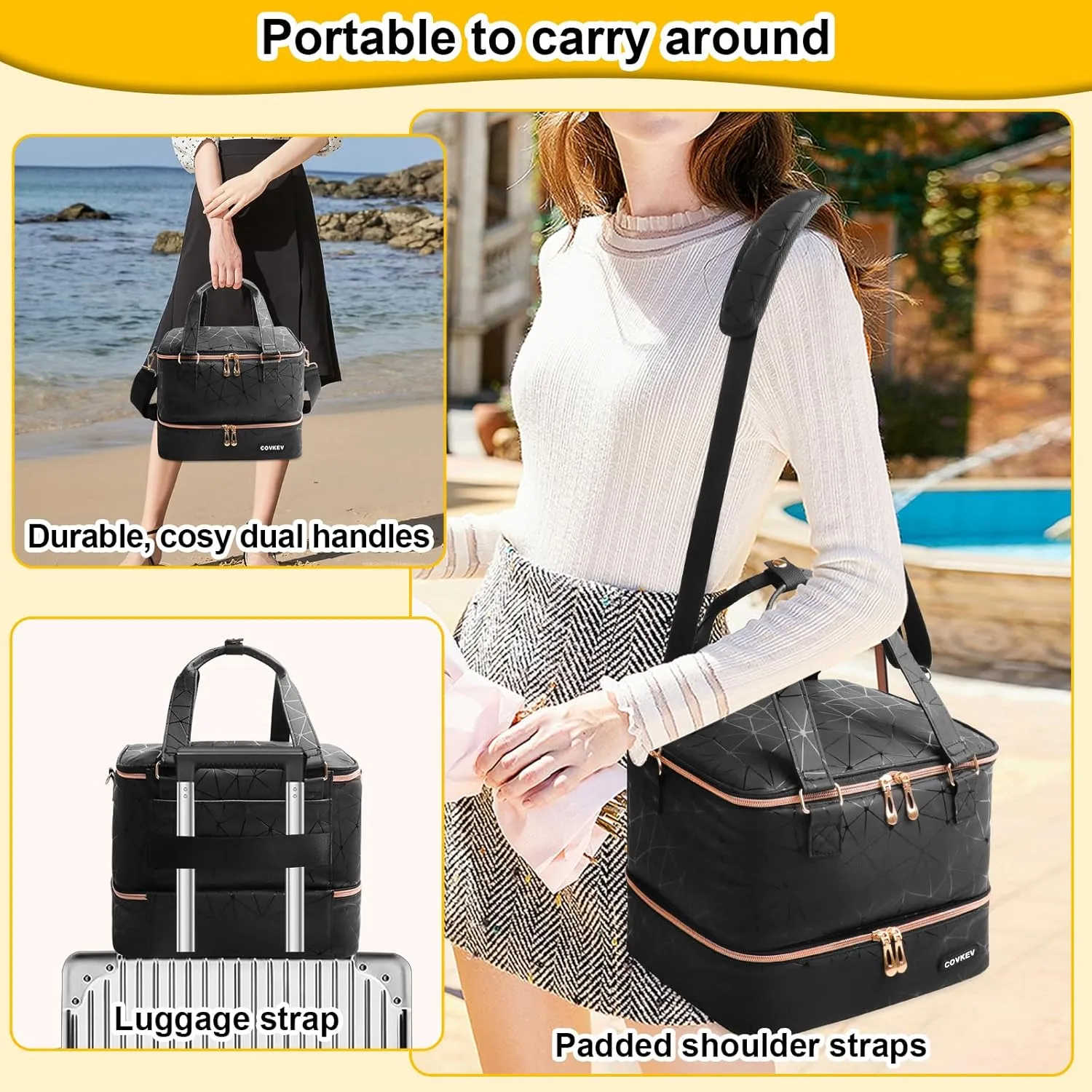 Nail Polish Organizer Hold 54 Bottles (15ml/0.5 fl.oz), PU Leather Nail Lamp Kit Supplies Organizer Bag Travel, Double Layer Nail Organizers and Storage Case with Holder& Shoulder Strap (Black)