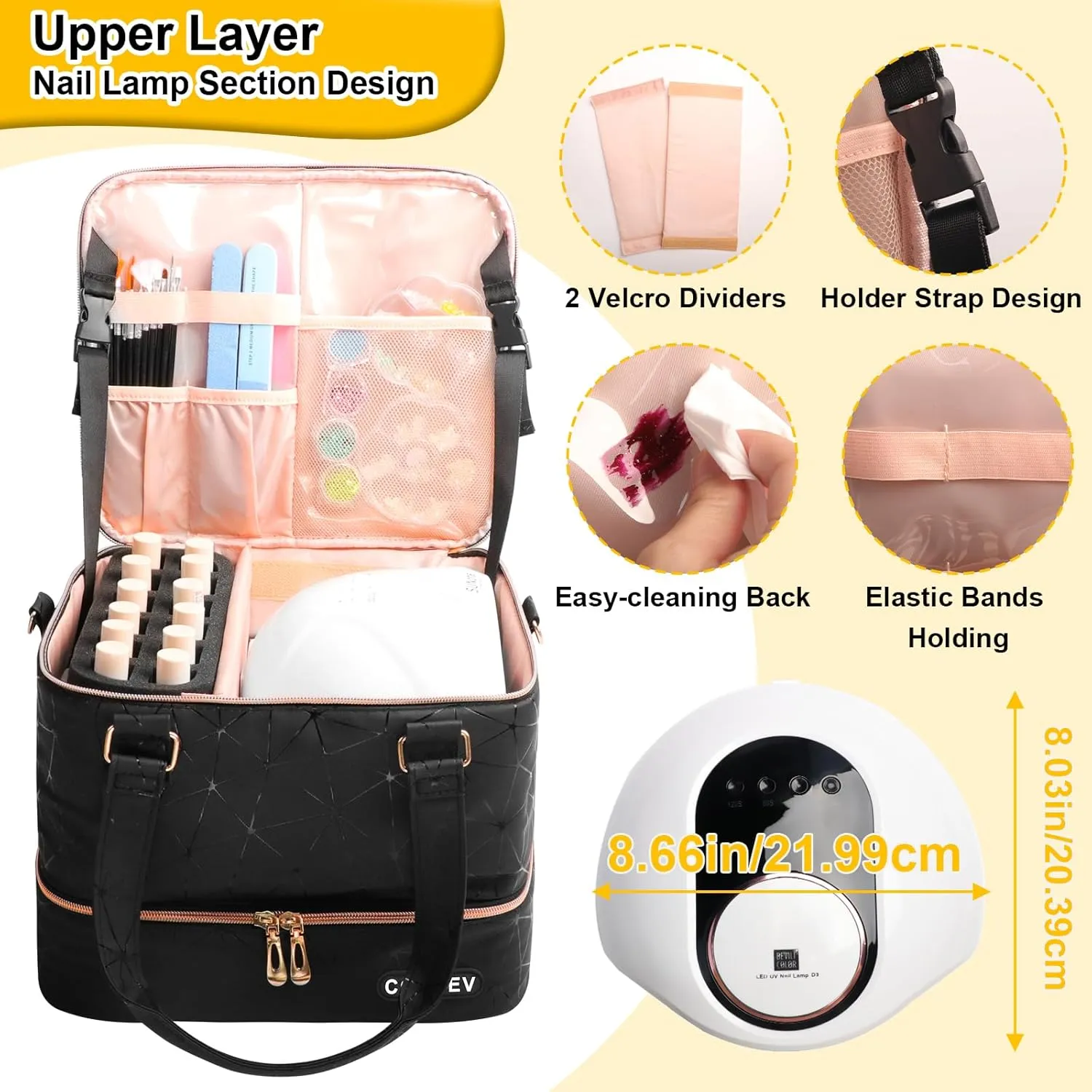 Nail Polish Organizer Hold 54 Bottles (15ml/0.5 fl.oz), PU Leather Nail Lamp Kit Supplies Organizer Bag Travel, Double Layer Nail Organizers and Storage Case with Holder& Shoulder Strap (Black)