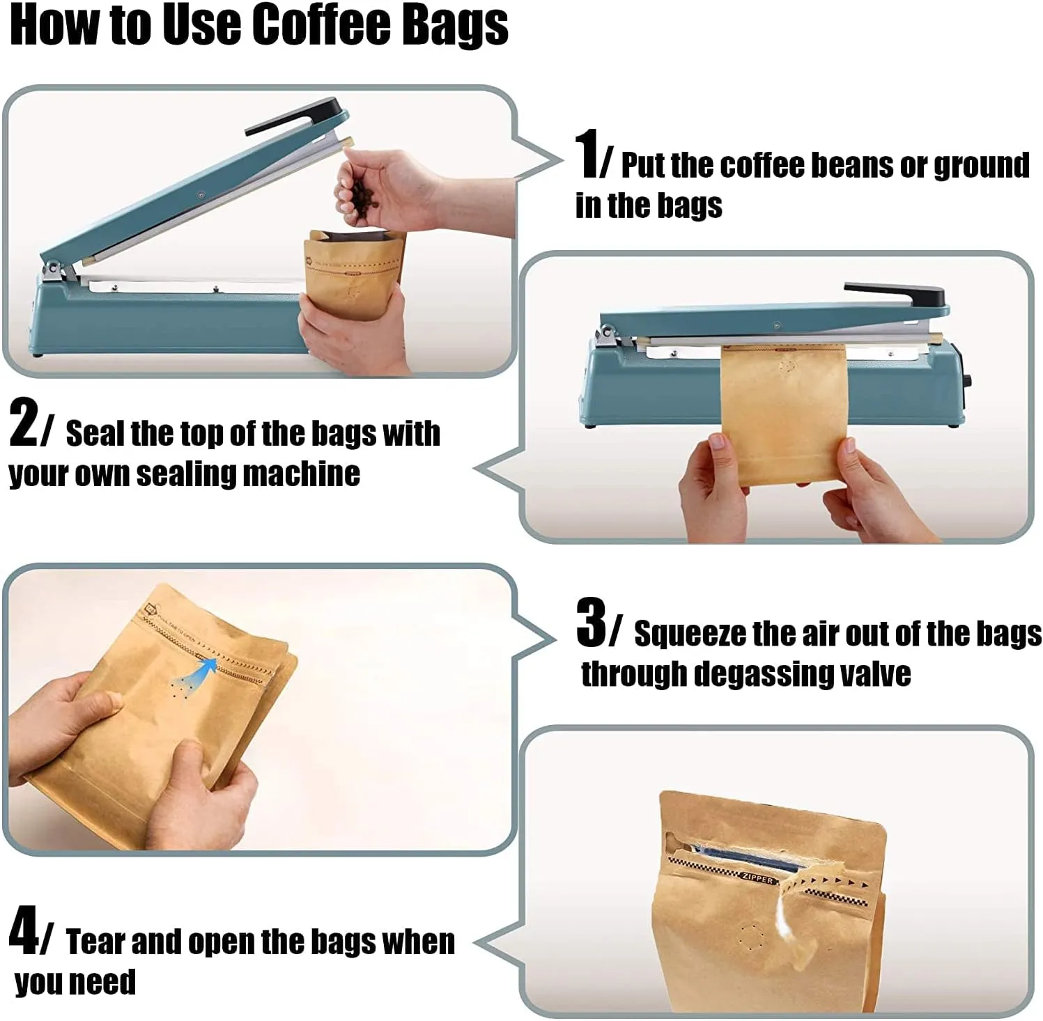 Natural Kraft Coffee Pouches, Resealable Coffee Bag with Valve, Flat Bottom Pull Tab Zipper (50pcs, 12oz, 0.75lb,340g)