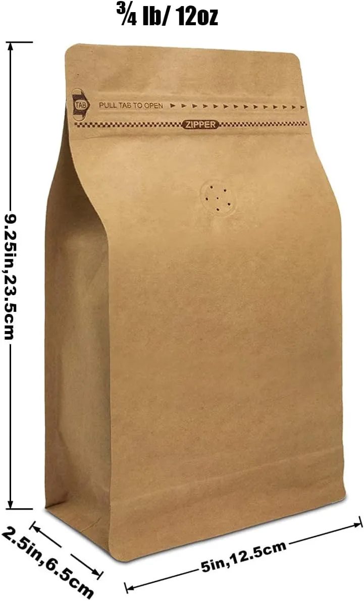 Natural Kraft Coffee Pouches, Resealable Coffee Bag with Valve, Flat Bottom Pull Tab Zipper (50pcs, 12oz, 0.75lb,340g)