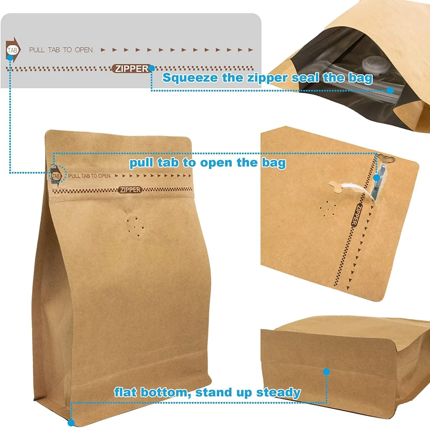 Natural Kraft Coffee Pouches, Resealable Coffee Bag with Valve, Flat Bottom Pull Tab Zipper (50pcs, 12oz, 0.75lb,340g)