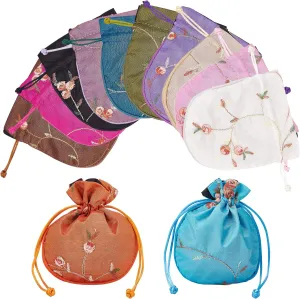 NBEADS 12 Pcs Silk Drawstring Jewelry Bags, 4.7x5.5 Flower Embroidered Brocade Bags Chinese Silk Jewelry Bags Gift Wrapping Pouches Purse Bag for Wedding Party Favors Packaging, 12 Colors