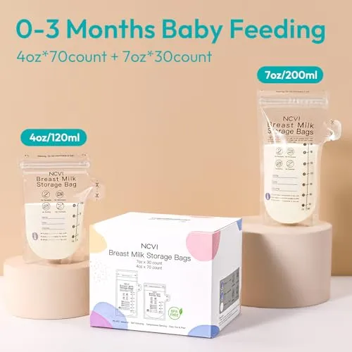 NCVI 4 7 oz Breastmilk Storage Bag Freezer for 0-3 Months, Breast Milk Feeding Bag with Temp-Sensing, Doubled-Sealed, Self Standing, Easy Pour Spout, BPA-Free, 4oz(70count) 7oz(30count)
