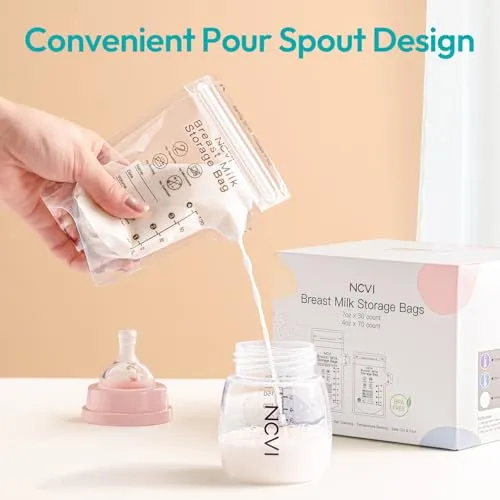 NCVI 4 7 oz Breastmilk Storage Bag Freezer for 0-3 Months, Breast Milk Feeding Bag with Temp-Sensing, Doubled-Sealed, Self Standing, Easy Pour Spout, BPA-Free, 4oz(70count) 7oz(30count)