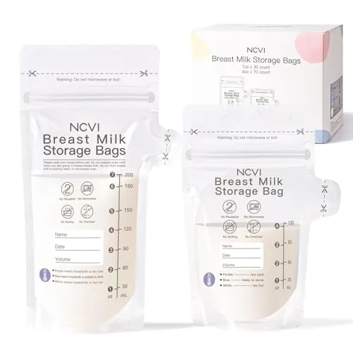NCVI 4 7 oz Breastmilk Storage Bag Freezer for 0-3 Months, Breast Milk Feeding Bag with Temp-Sensing, Doubled-Sealed, Self Standing, Easy Pour Spout, BPA-Free, 4oz(70count) 7oz(30count)