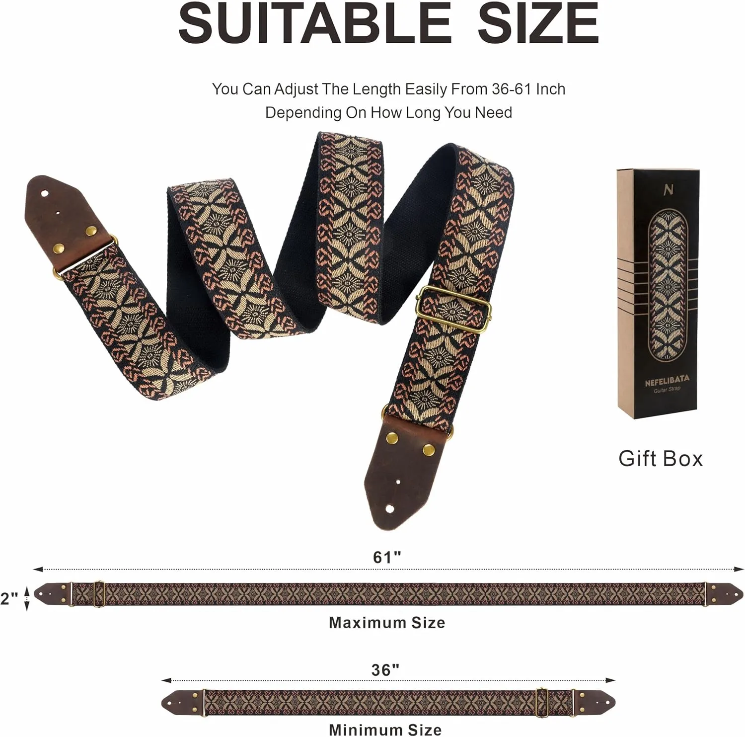 Nefelibata Guitar Strap,Jacquard Embroidery Cotton Guitar Straps with Crazy Horse Leather Leather Ends for Bass, Electric & Acoustic, Best Gifts for Kids, Guitarists(Golden embroidery)