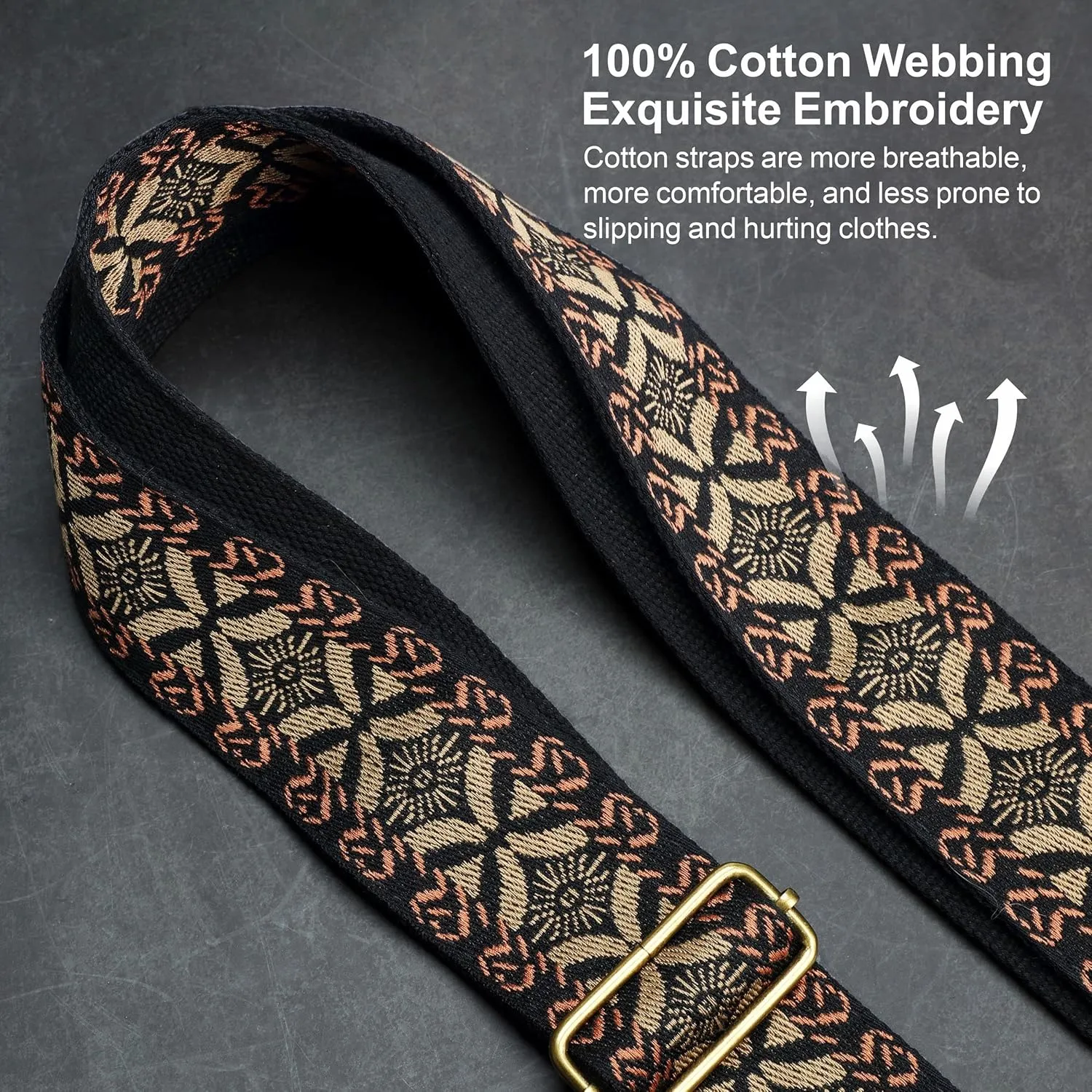 Nefelibata Guitar Strap,Jacquard Embroidery Cotton Guitar Straps with Crazy Horse Leather Leather Ends for Bass, Electric & Acoustic, Best Gifts for Kids, Guitarists(Golden embroidery)