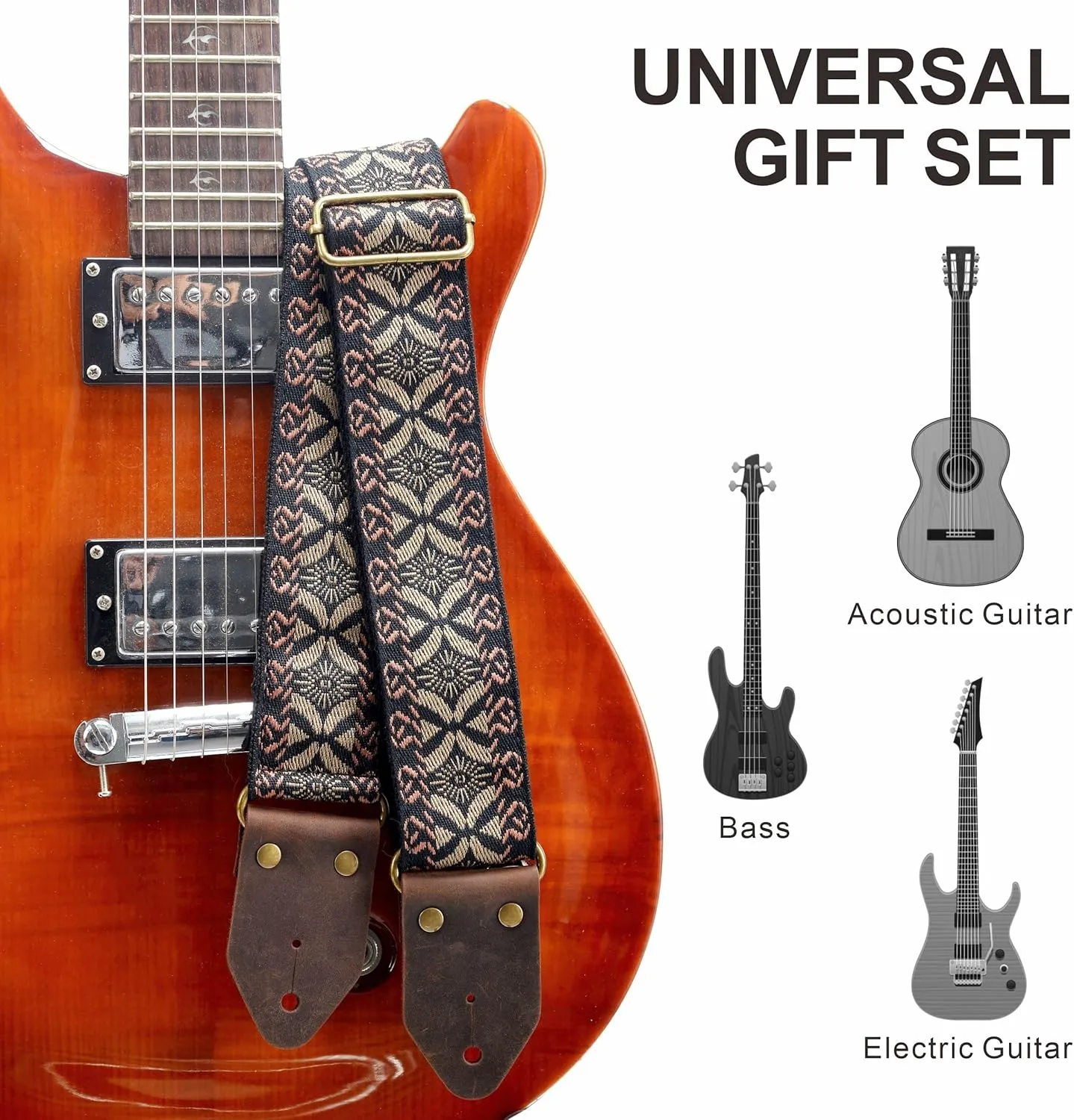 Nefelibata Guitar Strap,Jacquard Embroidery Cotton Guitar Straps with Crazy Horse Leather Leather Ends for Bass, Electric & Acoustic, Best Gifts for Kids, Guitarists(Golden embroidery)