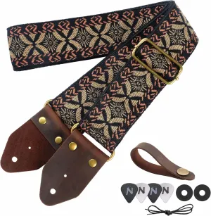Nefelibata Guitar Strap,Jacquard Embroidery Cotton Guitar Straps with Crazy Horse Leather Leather Ends for Bass, Electric & Acoustic, Best Gifts for Kids, Guitarists(Golden embroidery)