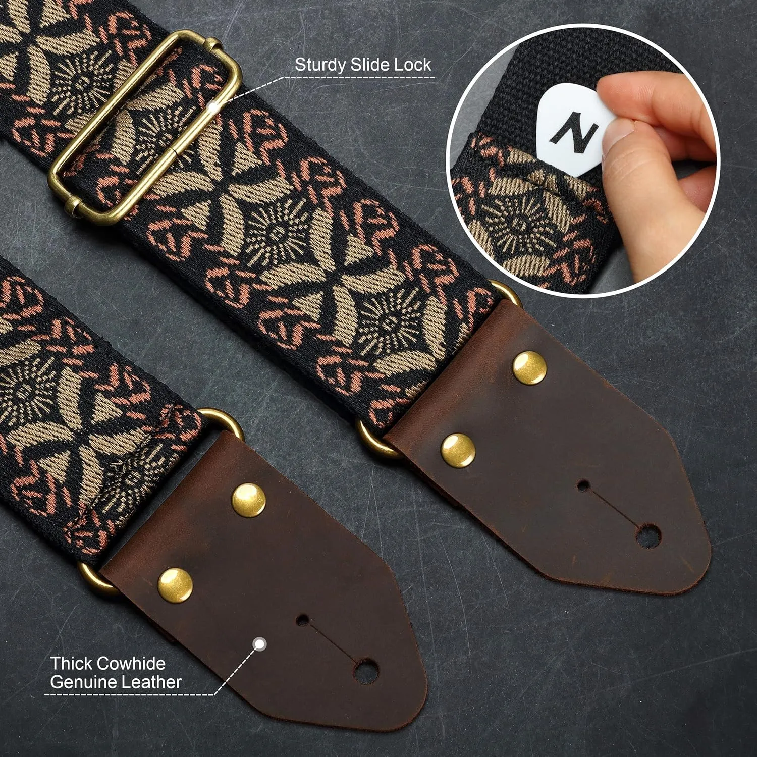 Nefelibata Guitar Strap,Jacquard Embroidery Cotton Guitar Straps with Crazy Horse Leather Leather Ends for Bass, Electric & Acoustic, Best Gifts for Kids, Guitarists(Golden embroidery)