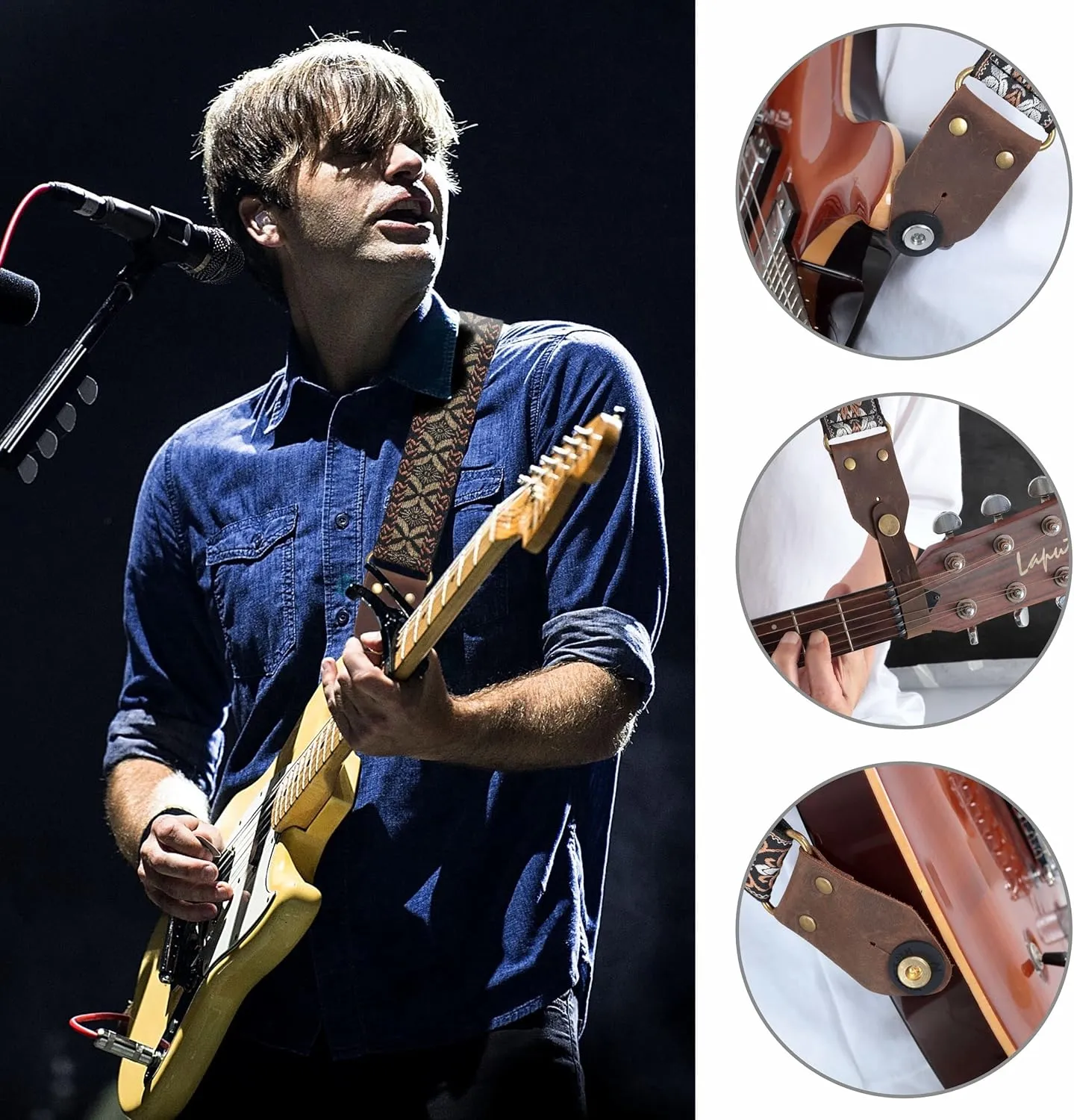 Nefelibata Guitar Strap,Jacquard Embroidery Cotton Guitar Straps with Crazy Horse Leather Leather Ends for Bass, Electric & Acoustic, Best Gifts for Kids, Guitarists(Golden embroidery)