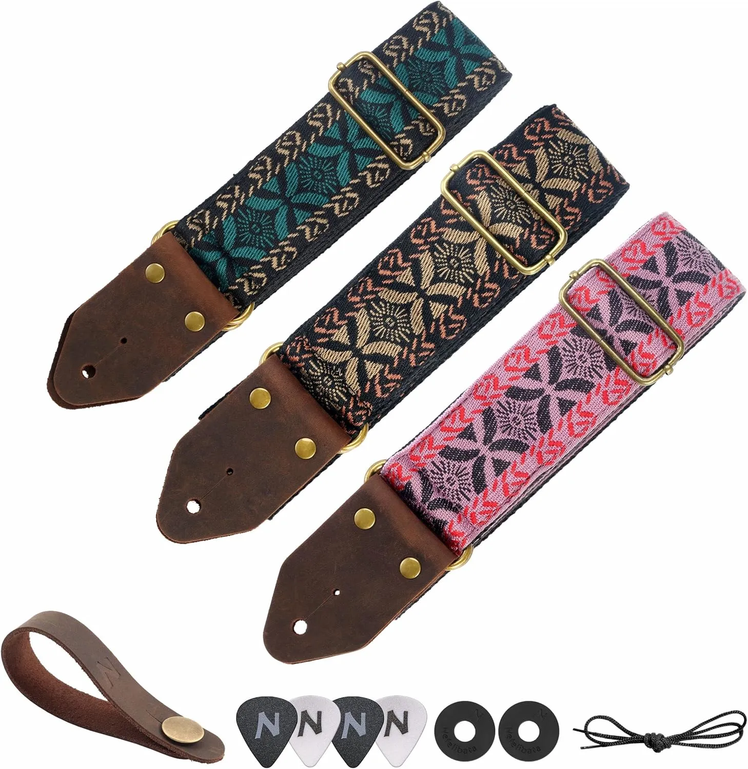 Nefelibata Guitar Strap,Jacquard Embroidery Cotton Guitar Straps with Crazy Horse Leather Leather Ends for Bass, Electric & Acoustic, Best Gifts for Kids, Guitarists(Golden embroidery)