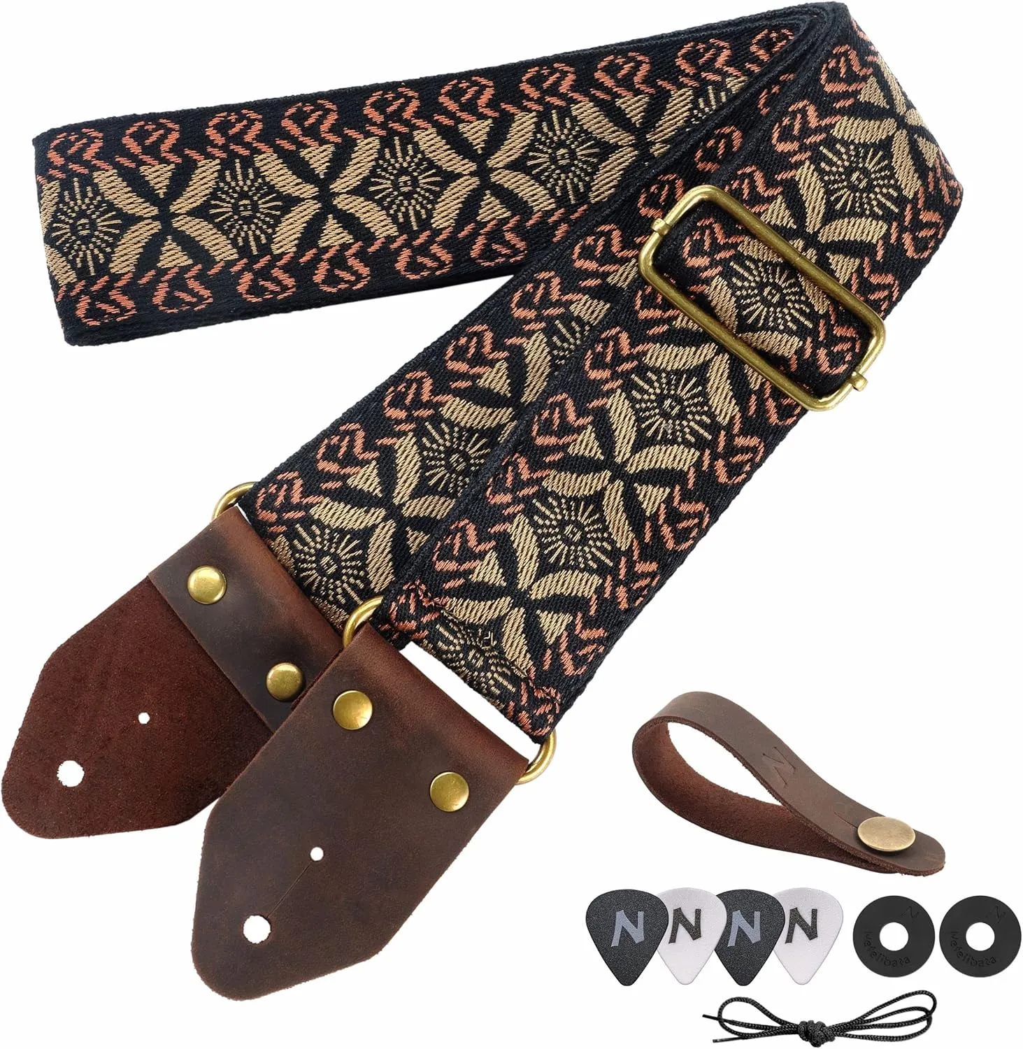 Nefelibata Guitar Strap,Jacquard Embroidery Cotton Guitar Straps with Crazy Horse Leather Leather Ends for Bass, Electric & Acoustic, Best Gifts for Kids, Guitarists(Golden embroidery)