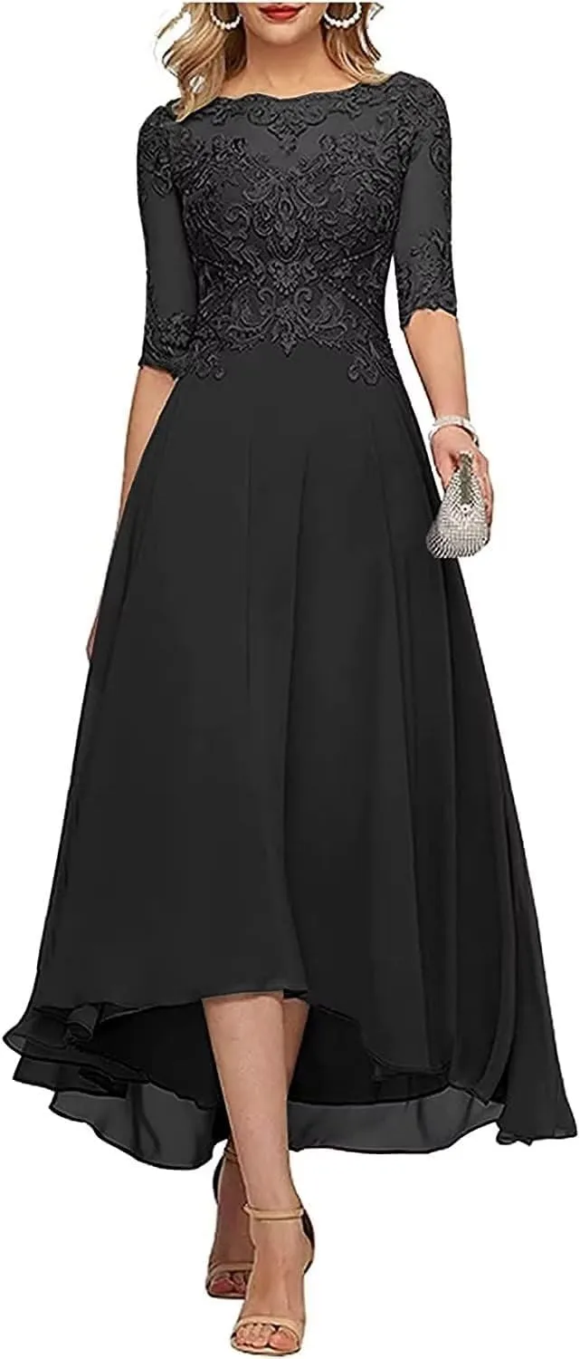 New Lace Appliques Mother of The Bride Dresses for Wedding 3/4 Sleeve Tea Length Beaded Formal Evening Prom Dress