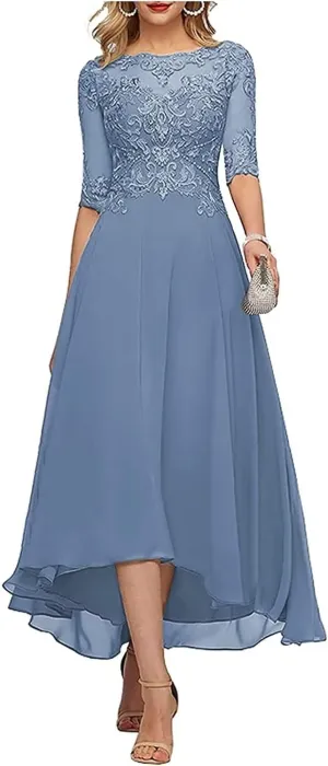New Lace Appliques Mother of The Bride Dresses for Wedding 3/4 Sleeve Tea Length Beaded Formal Evening Prom Dress