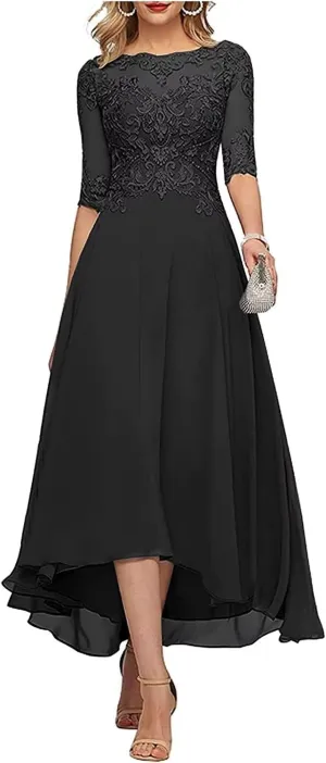New Lace Appliques Mother of The Bride Dresses for Wedding 3/4 Sleeve Tea Length Beaded Formal Evening Prom Dress